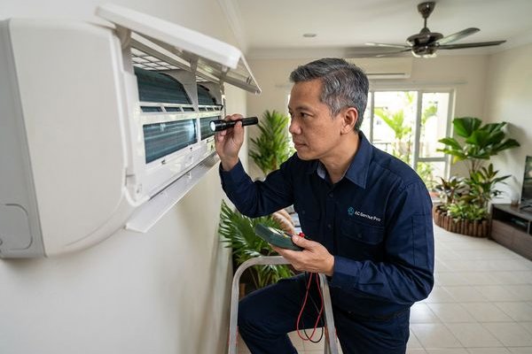 Expert technician inspecting aircond unit