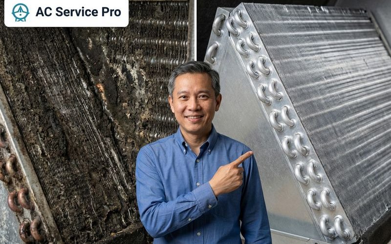 Before and after comparison showing dirty aircond coils transformed after professional chemical wash