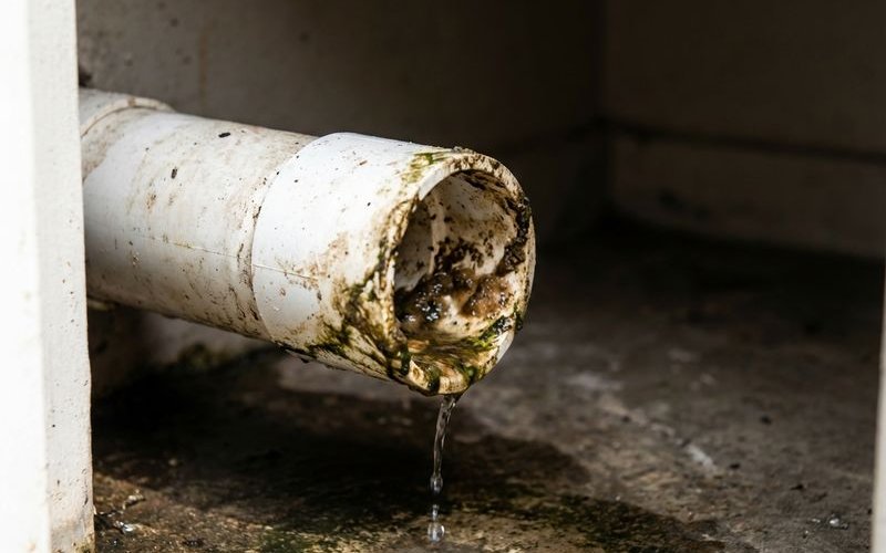 Clogged aircond drain line showing buildup of debris and algae