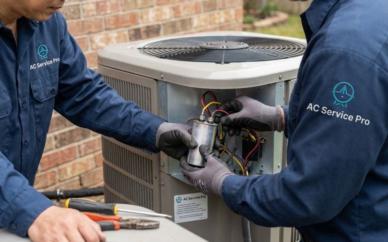 Technician replacing aircond capacitor during repair service