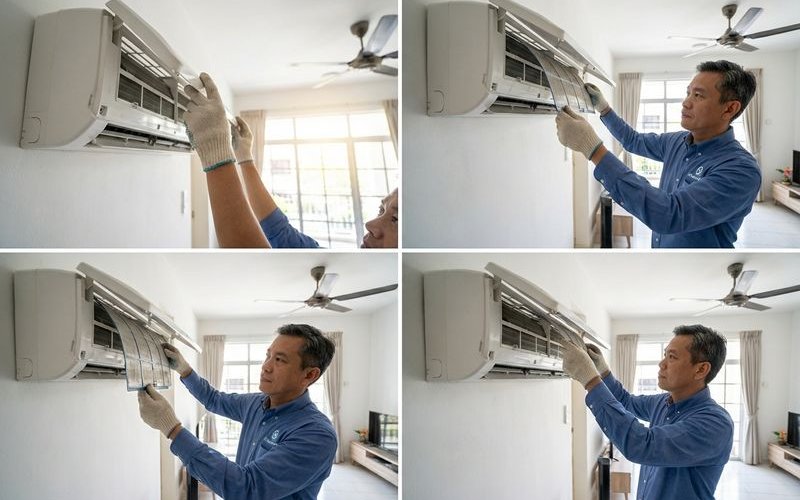 Opening the aircond front panel to access the filter