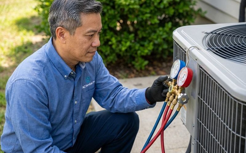 Technician checking aircond gas pressure with professional gauges