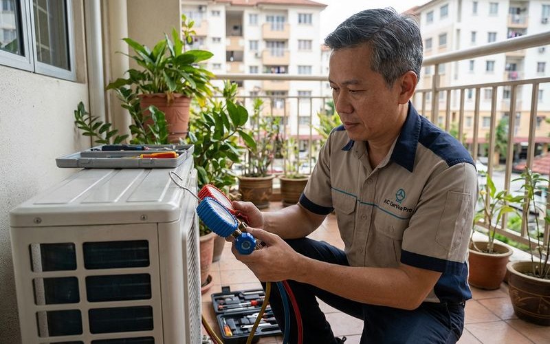 Technician checking refrigerant pressure using professional gauge