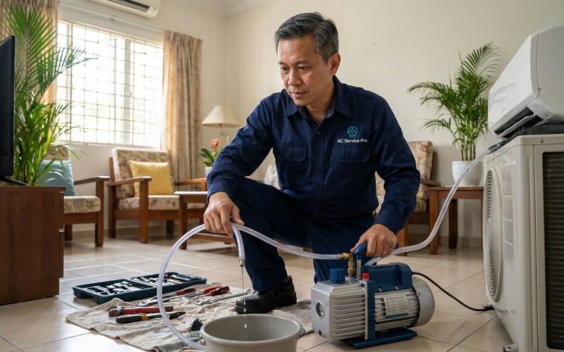 Technician using vacuum to clear blocked aircond drain pipe