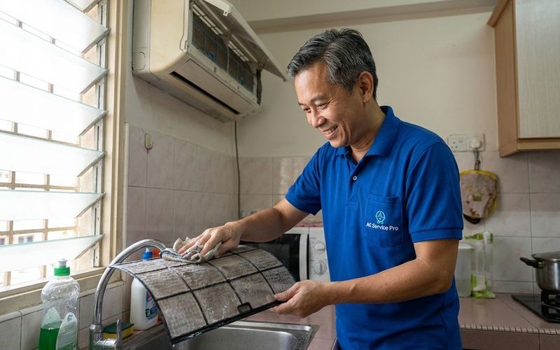 Technician performing standard aircond filter cleaning and maintenance